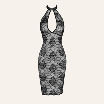 Vue de face de la robe Nocturne F338 en dentelle noire, col tour de cou et design plongeant. Lingerie haut de gamme signée Oh My God'Z.