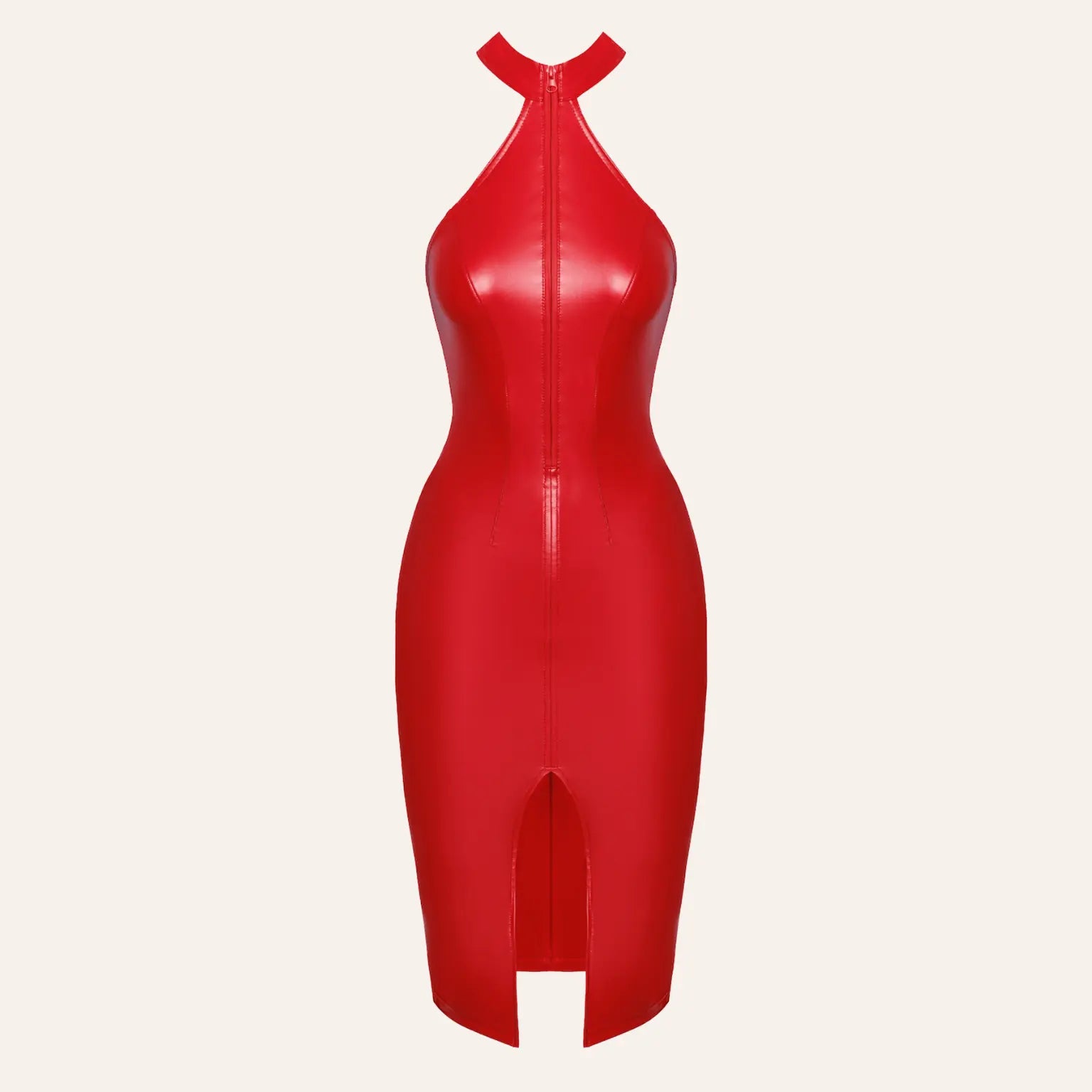 Packshot de la robe rouge Orgia F354 en finition wetlook, col montant et ouverture sexy à l’avant, disponible sur Oh My God'Z, spécialiste de la lingerie érotique et des sextoys haut de gamme.