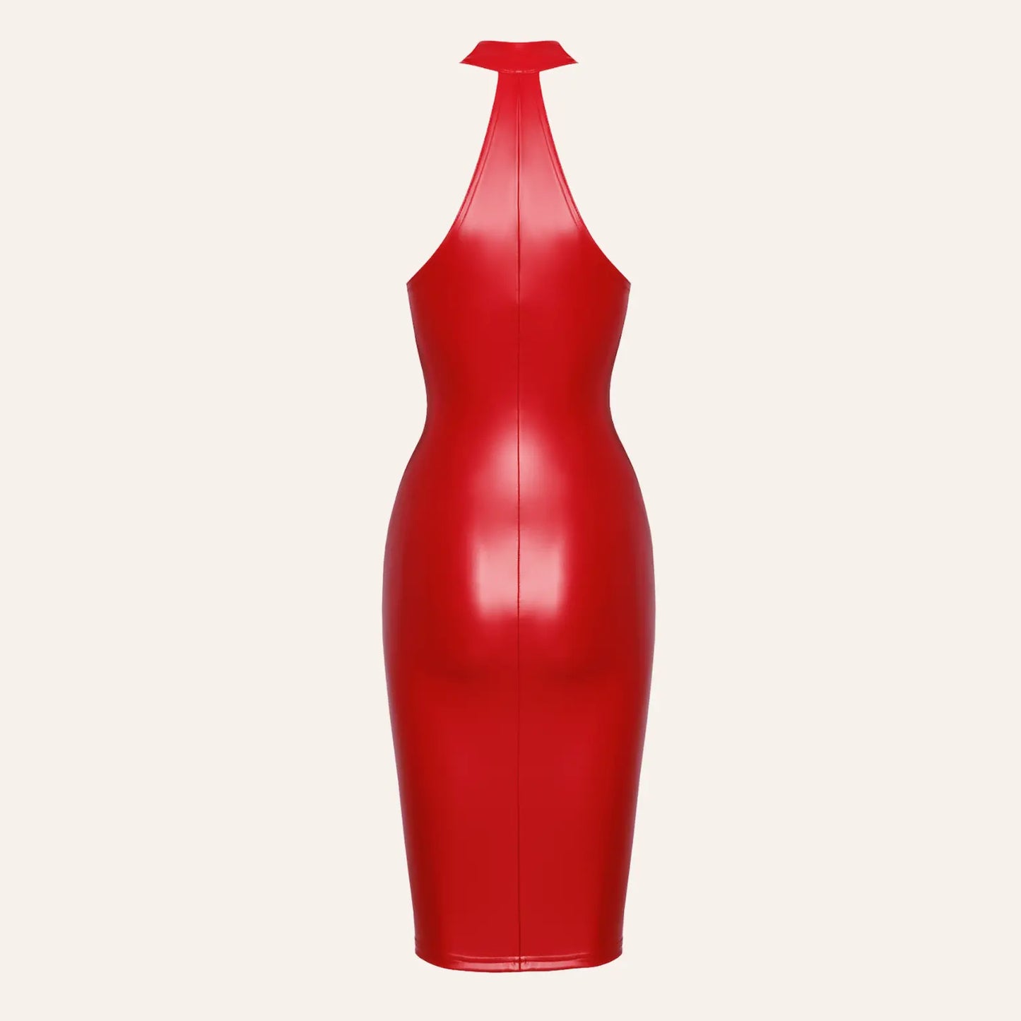 Vue arrière produit de la robe en vinyle rouge Orgia F354, design sensuel et coupe ajustée, proposée par la boutique Oh My God'Z pour celles qui recherchent des tenues fétichistes haut de gamme.