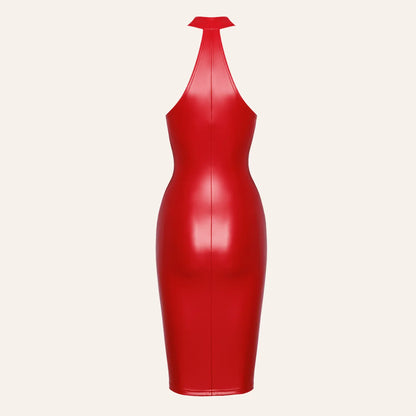 Vue arrière produit de la robe en vinyle rouge Orgia F354, design sensuel et coupe ajustée, proposée par la boutique Oh My God'Z pour celles qui recherchent des tenues fétichistes haut de gamme.