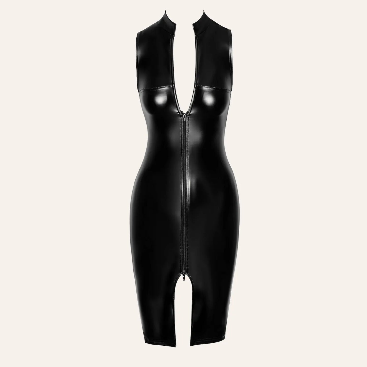 Robe mi-longue zippée noire effet wetlook avec col officier, modèle Commandant F337 par Oh My God'Z. Lingerie fétichiste parfaite pour sublimer une expérience sensuelle avec sextoys premium, disponible chez Oh My God'Z.