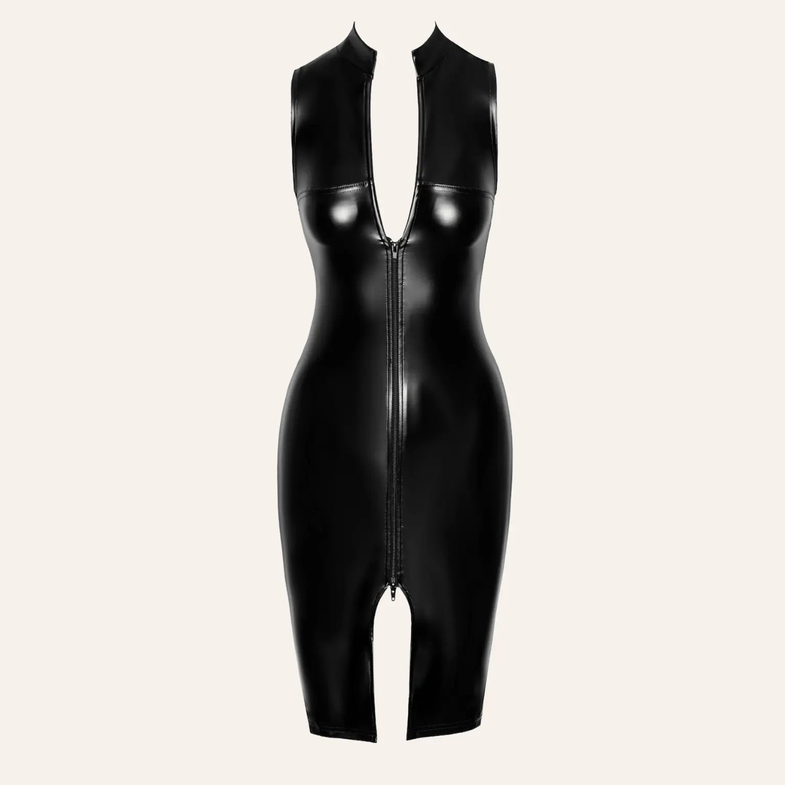 Robe mi-longue zippée noire effet wetlook avec col officier, modèle Commandant F337 par Oh My God'Z. Lingerie fétichiste parfaite pour sublimer une expérience sensuelle avec sextoys premium, disponible chez Oh My God'Z.