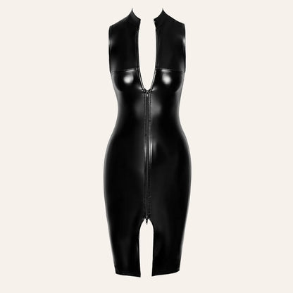 Robe mi-longue zippée noire effet wetlook avec col officier, modèle Commandant F337 par Oh My God'Z. Lingerie fétichiste parfaite pour sublimer une expérience sensuelle avec sextoys premium, disponible chez Oh My God'Z.