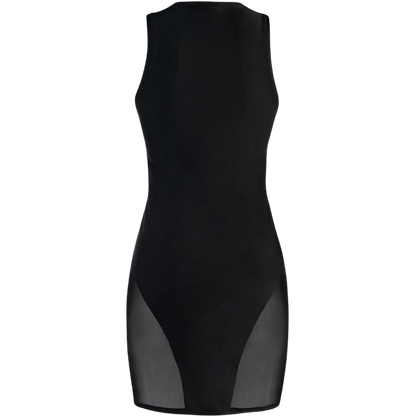 Robe moulante noire V-10619 par Axami, avec des découpes modernes et des panneaux en tulle transparent. Disponible chez Oh My God'Z, cette robe offre une allure sophistiquée et sexy.
