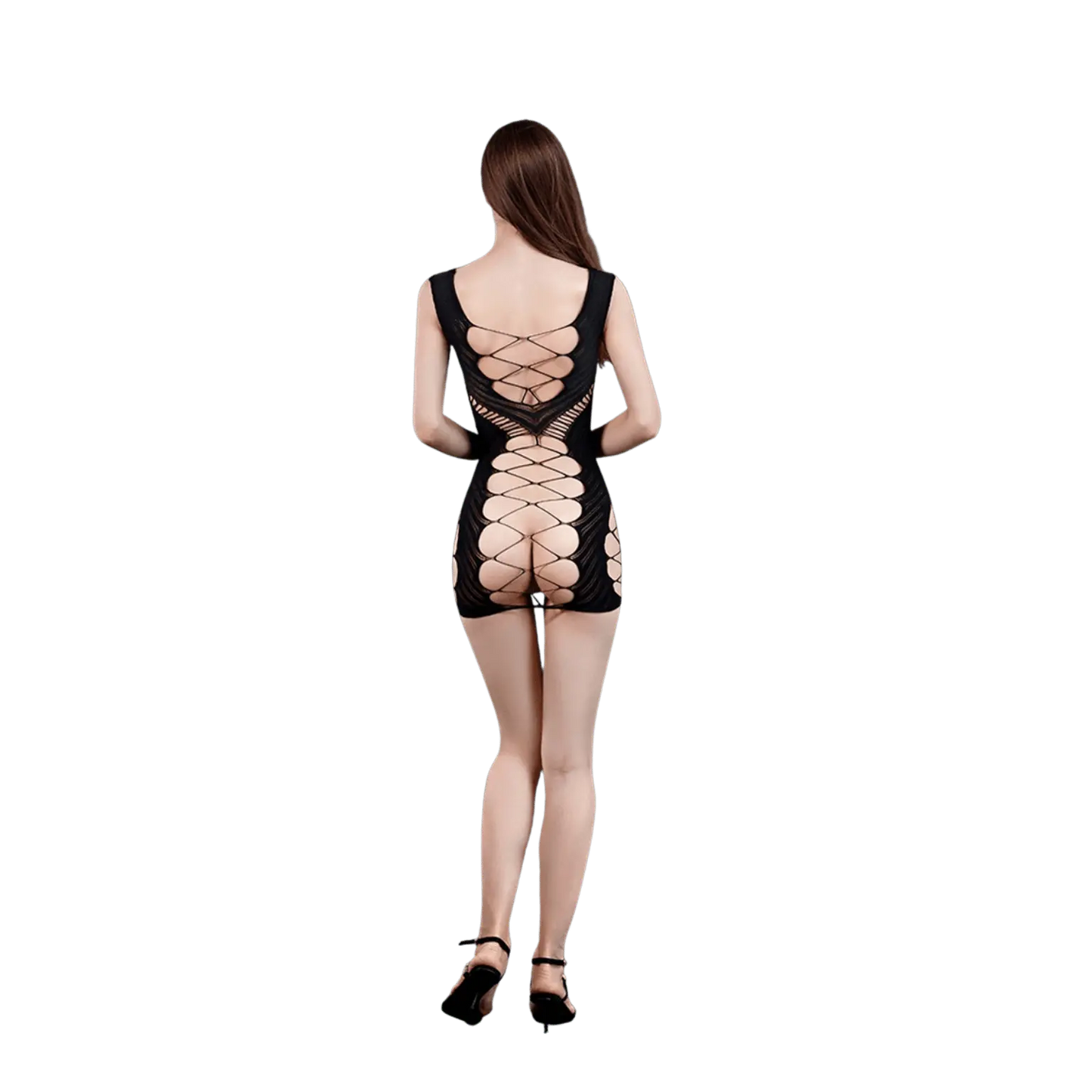 Vue dos de la robe résille sexy noire avec laçage intégral – Oh My God’Z