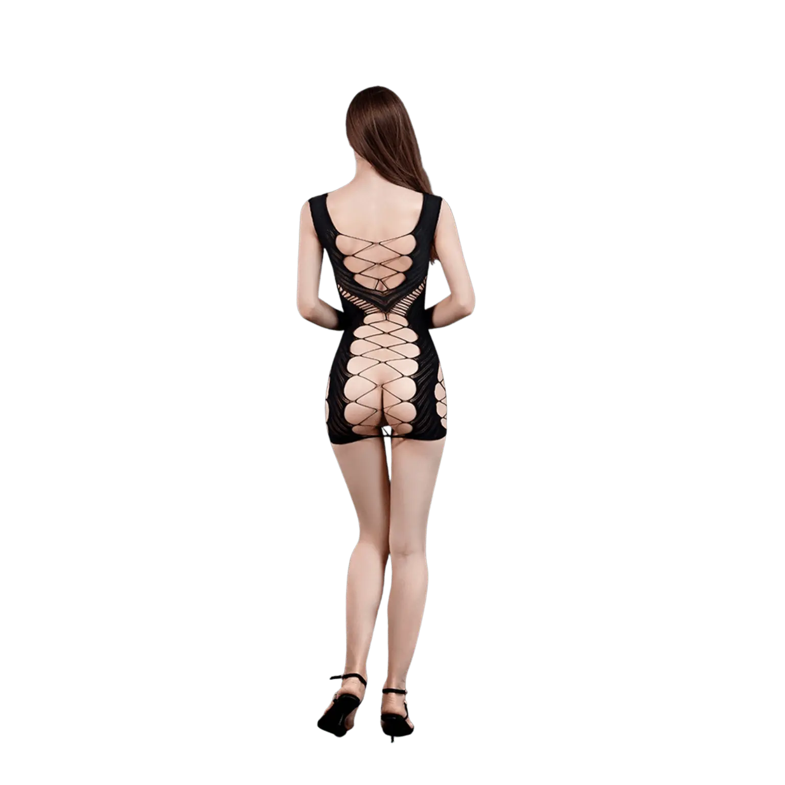 Vue dos de la robe résille sexy noire avec laçage intégral – Oh My God’Z