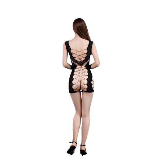 Vue dos de la robe résille sexy noire avec laçage intégral – Oh My God’Z