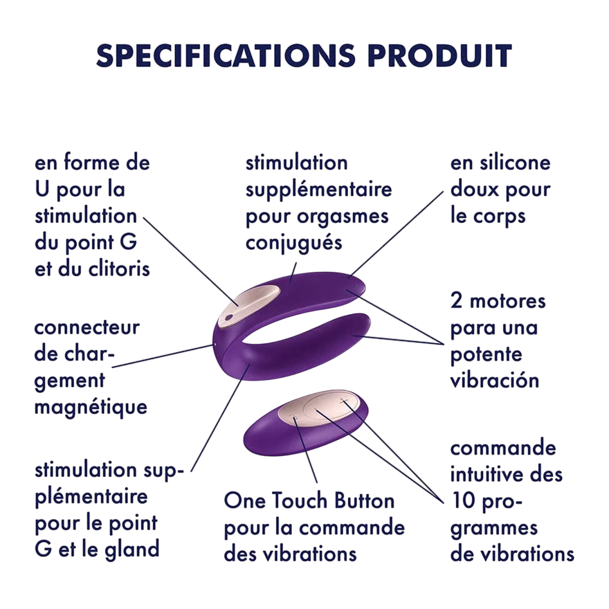 Schéma caractéristiques stimulateur couple: 2 moteurs, télécommande radio, silicone, contrôle vibration - Oh My God'Z