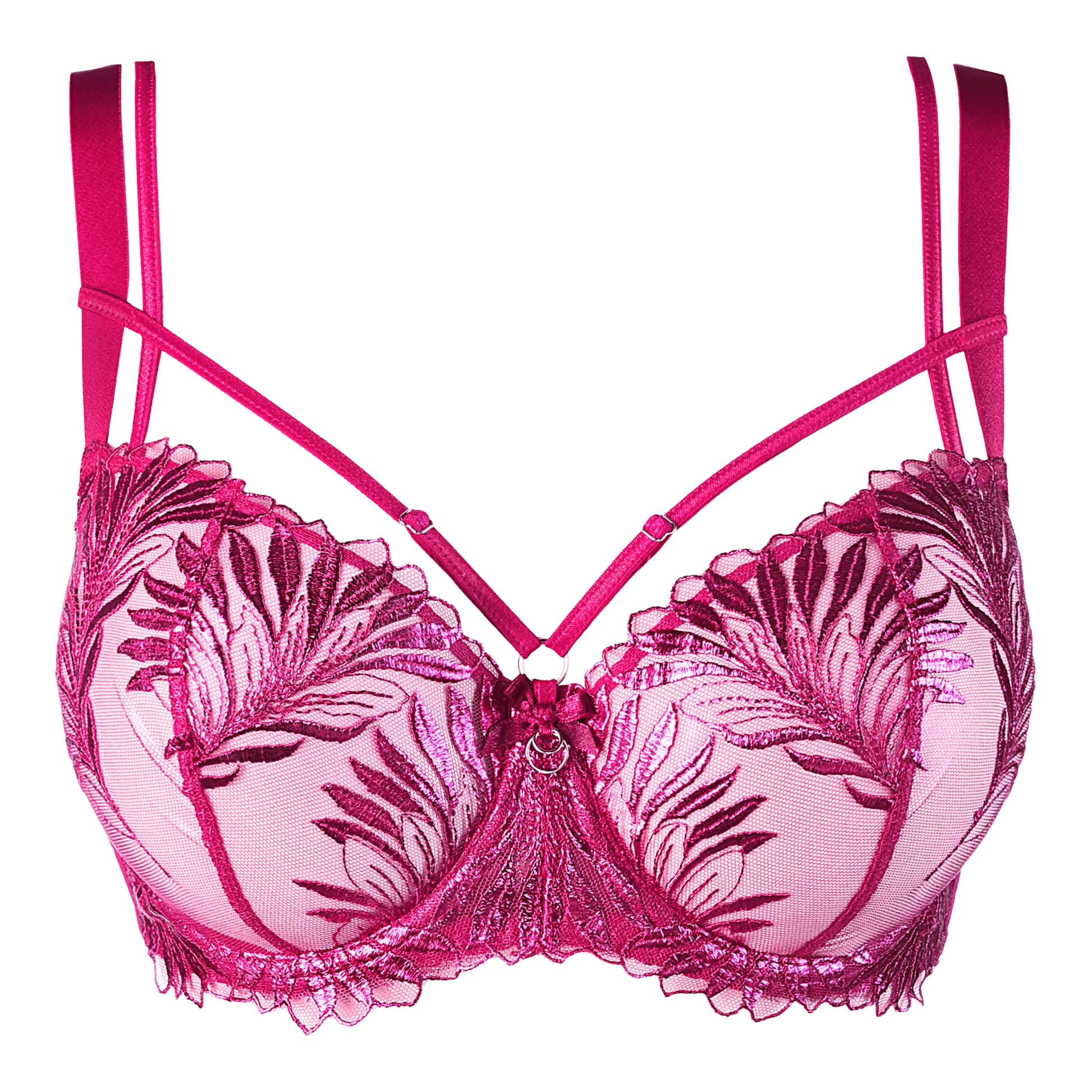 Soutien-gorge en dentelle rose de la collection V-10251 d'Axami, disponible chez Oh My God'Z, avec des broderies délicates et des bretelles multiples pour un look glamour