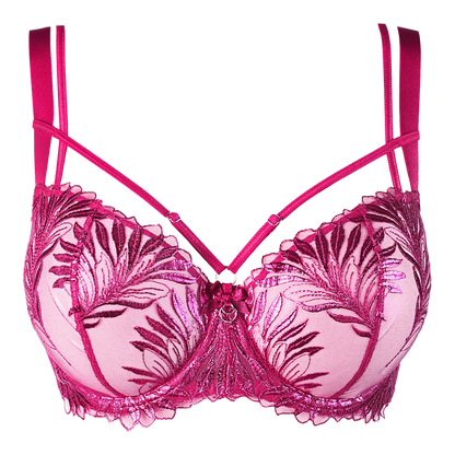 Soutien-gorge en dentelle rose de la collection V-10251 d'Axami, disponible chez Oh My God'Z, avec des broderies délicates et des bretelles multiples pour un look glamour