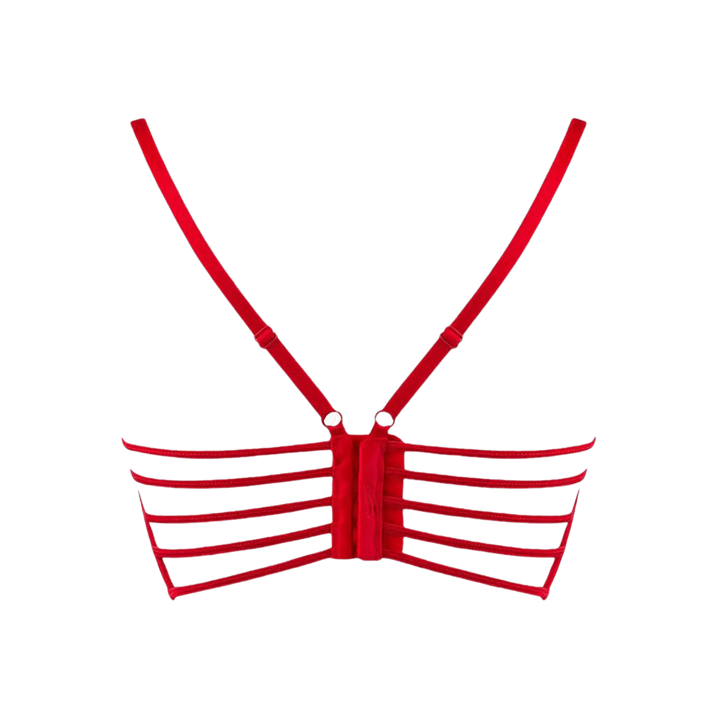 Détail du dos du soutien-gorge en dentelle rouge V-9691 signé Axami, disponible chez Oh My God'Z. Ce modèle élégant avec ses bandes au design unique apporte une touche de sophistication et de confort à la lingerie de luxe.