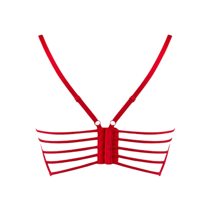 Détail du dos du soutien-gorge en dentelle rouge V-9691 signé Axami, disponible chez Oh My God'Z. Ce modèle élégant avec ses bandes au design unique apporte une touche de sophistication et de confort à la lingerie de luxe.