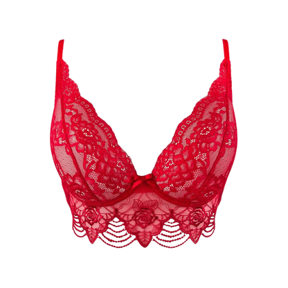 Soutien-gorge en dentelle rouge V-9691 de la marque Axami, en vente chez Oh My God'Z. Ce modèle luxueux en dentelle fine avec un design floral offre une touche sensuelle et élégante, parfait pour sublimer les ensembles de lingerie sexy haut de gamme.