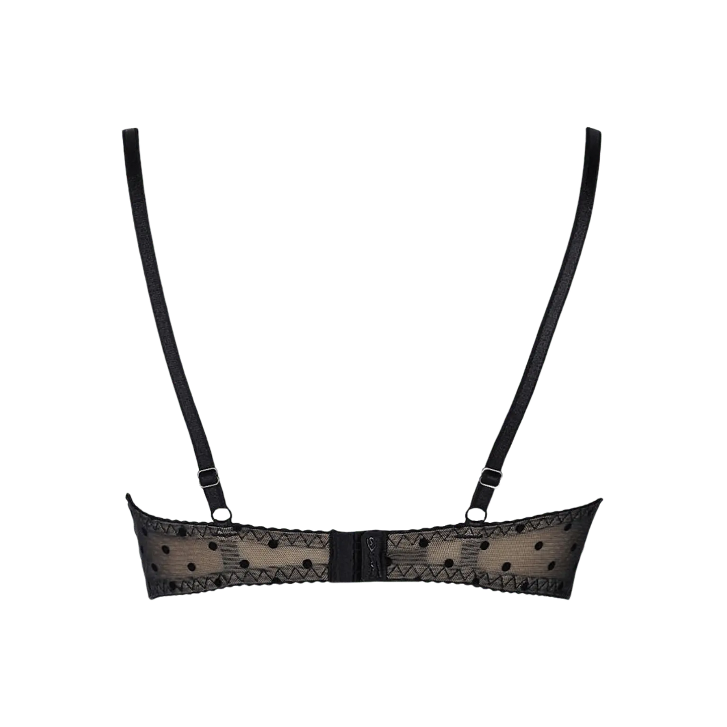 Vue arrière du soutien-gorge noir V-9051 en tulle transparent à pois, de la marque Axami, avec des bretelles ajustables.