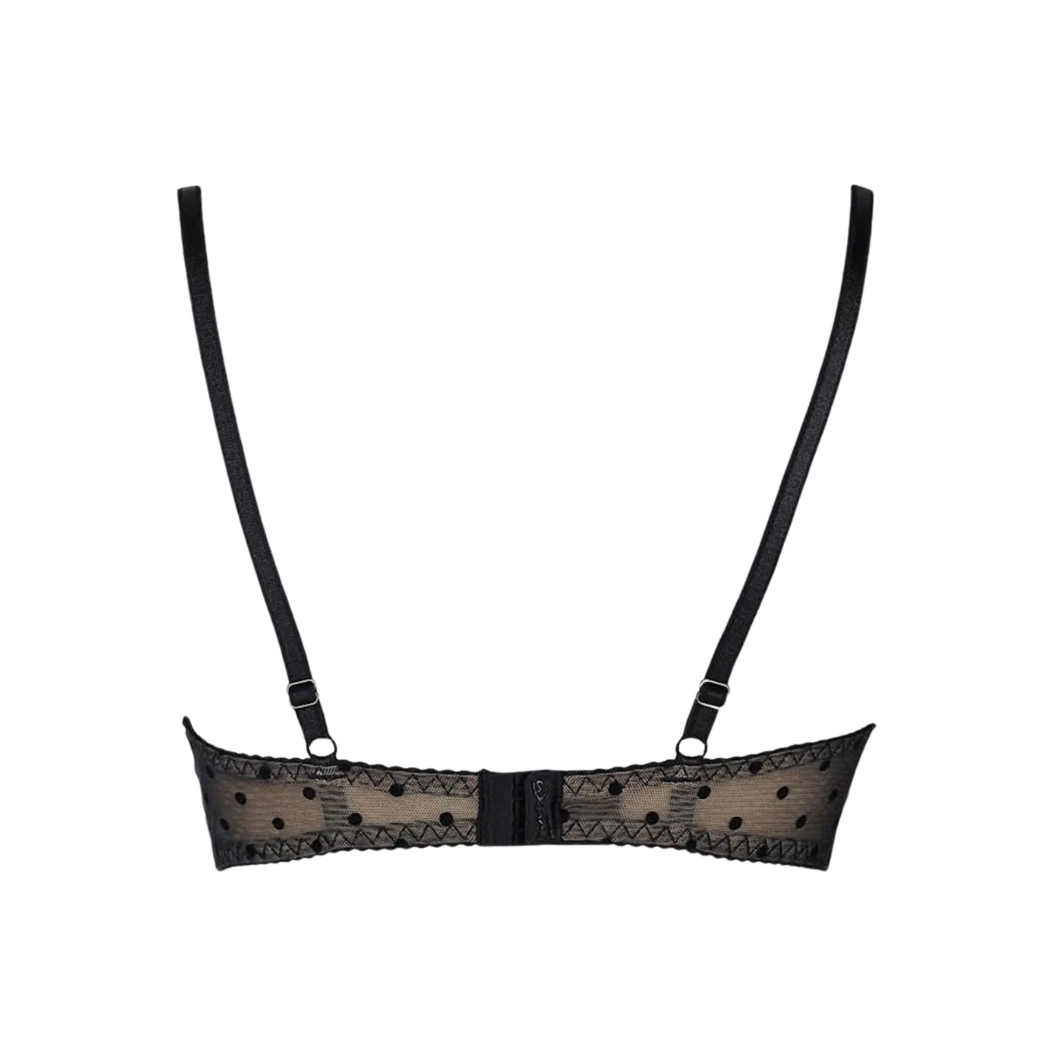 Vue arrière du soutien-gorge noir V-9051 en tulle transparent à pois, de la marque Axami, avec des bretelles ajustables.