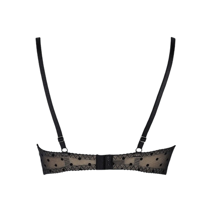 Vue arrière du soutien-gorge noir V-9051 en tulle transparent à pois, de la marque Axami, avec des bretelles ajustables.