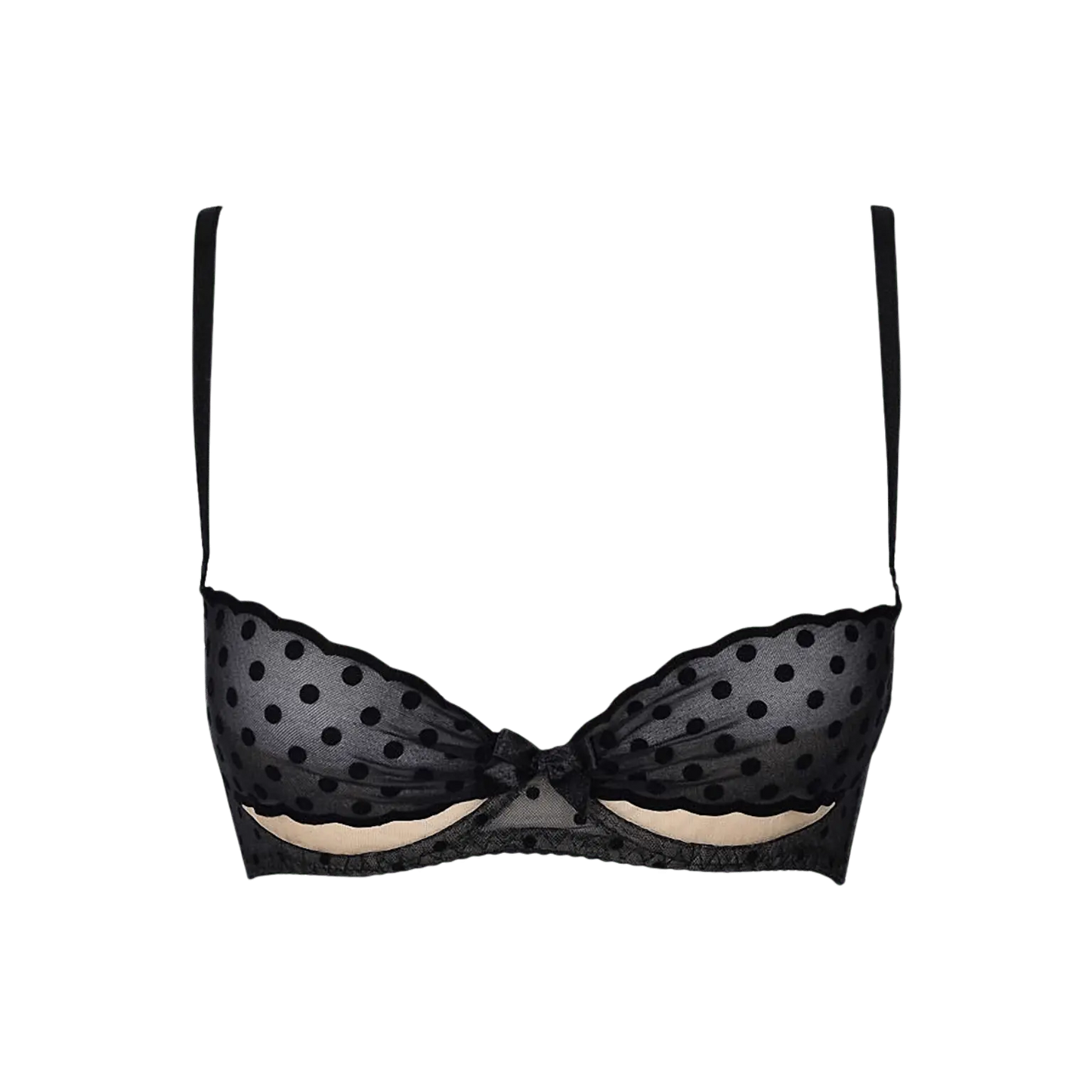 Soutien-gorge noir V-9051 Axami avec détails en tulle transparent et motifs à pois noirs pour un look séduisant et élégant.