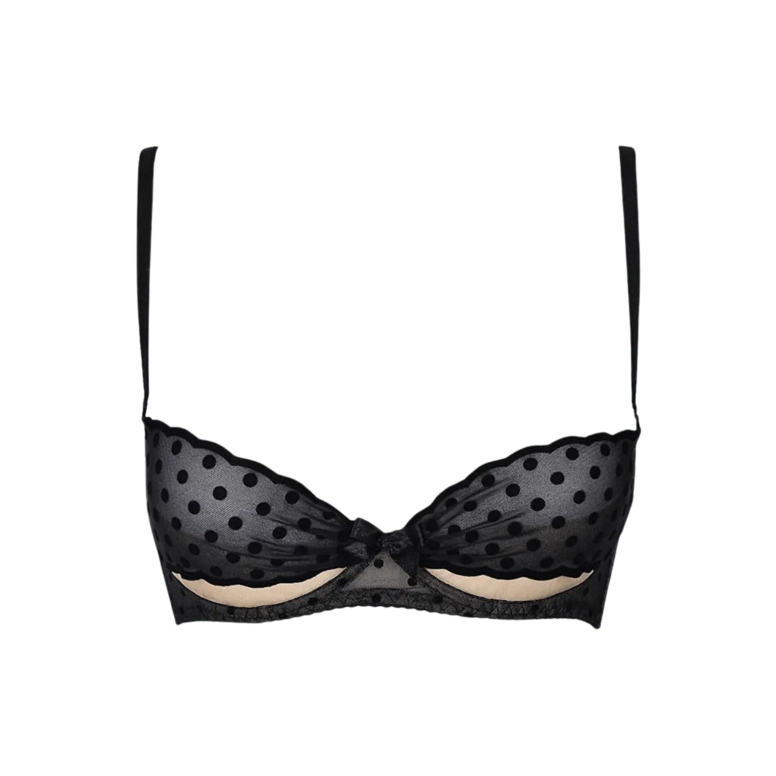 Soutien-gorge noir V-9051 Axami avec détails en tulle transparent et motifs à pois noirs pour un look séduisant et élégant.