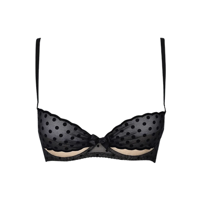 Soutien-gorge noir V-9051 Axami avec détails en tulle transparent et motifs à pois noirs pour un look séduisant et élégant.