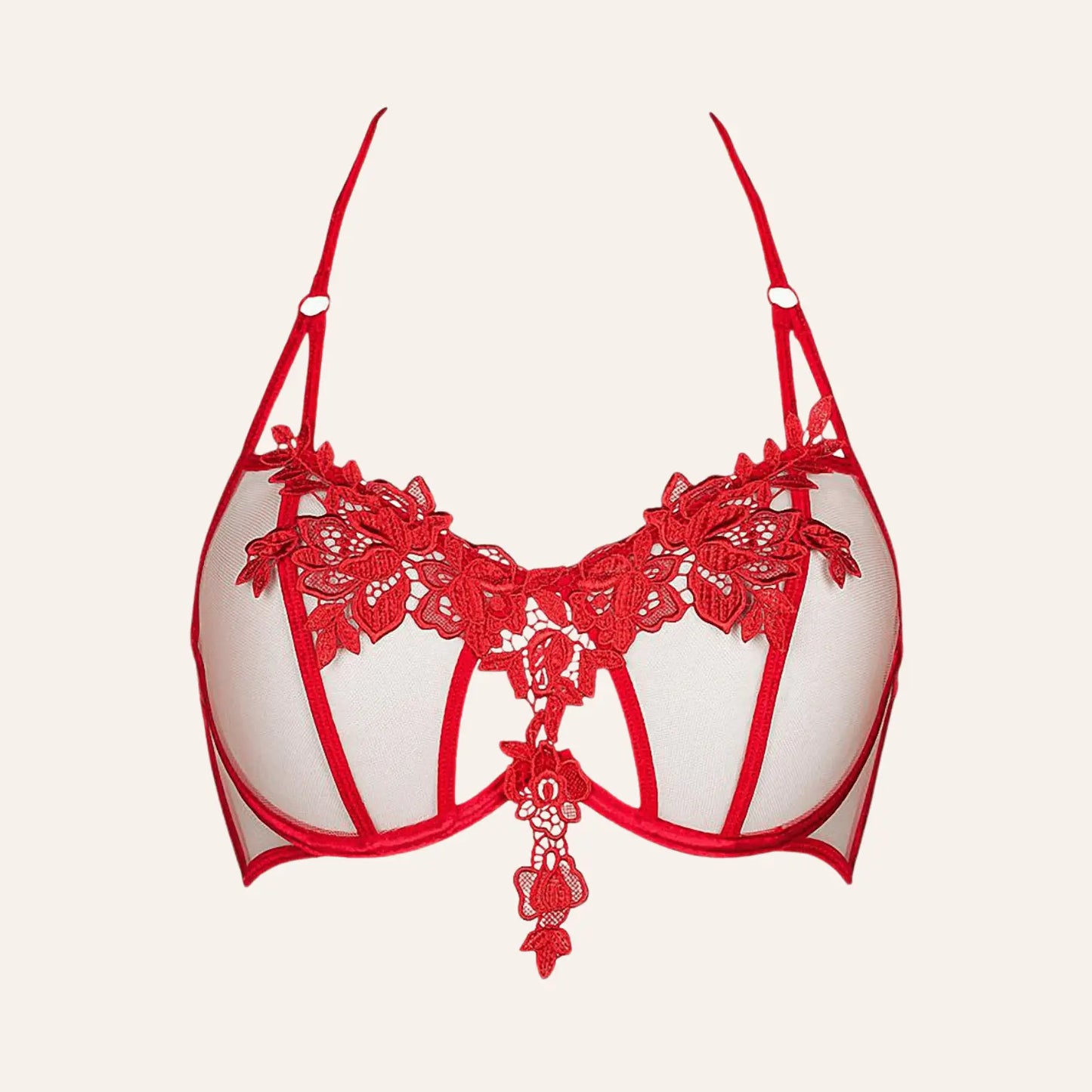 Soutien-gorge en dentelle rouge V-8861 par Axami, proposé par la boutique Oh My God'Z. Le mélange de transparence et de dentelle florale souligne un look luxueux et séduisant.