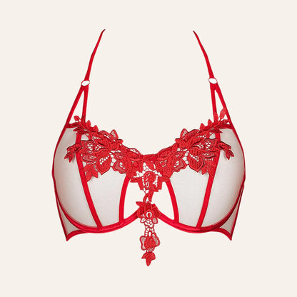 Soutien-gorge en dentelle rouge V-8861 par Axami, proposé par la boutique Oh My God'Z. Le mélange de transparence et de dentelle florale souligne un look luxueux et séduisant.