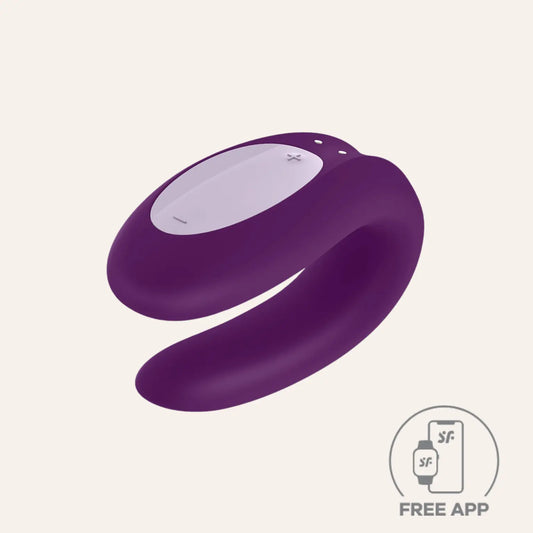 Le stimulateur violet Double Joy de Satisfyer en silicone doux, présenté avec l’icône de l'application gratuite. Un sextoy connecté haut de gamme vendu sur Oh My God'Z.