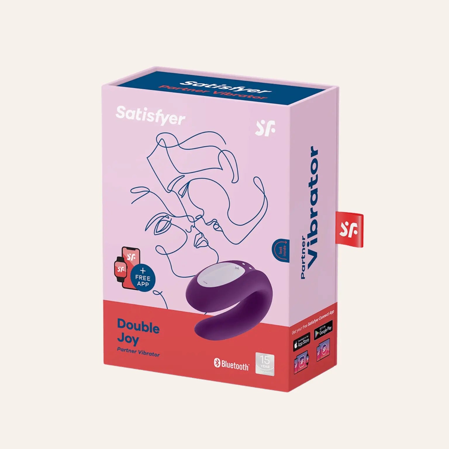 Photo de l'emballage du stimulateur connecté Double Joy de la marque Satisfyer, un sextoy haut de gamme en silicone violet, compatible avec l'application mobile gratuite. Disponible chez Oh My God'Z, la boutique de référence en bien-être intime.