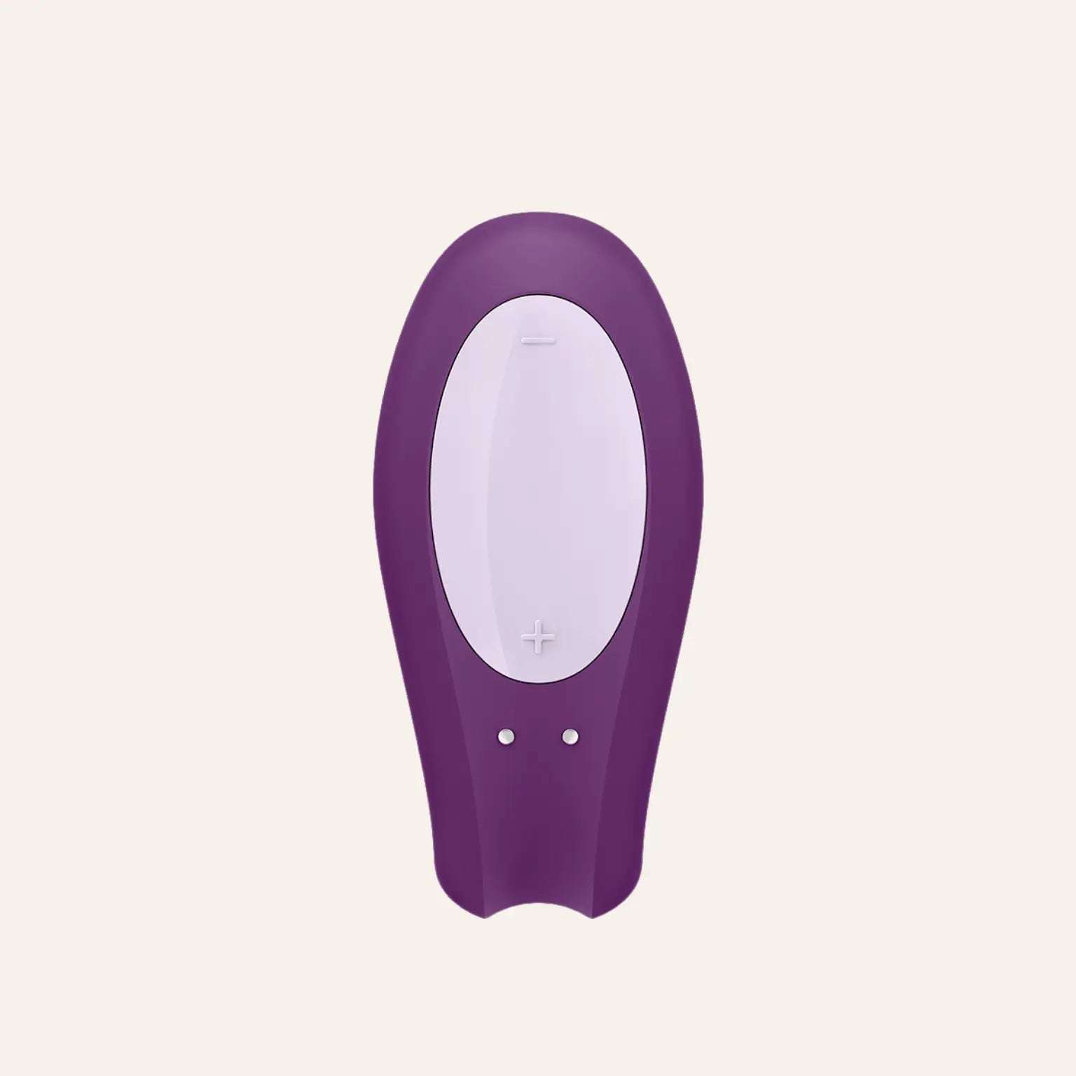 Gros plan sur les boutons de commande du stimulateur Double Joy violet signé Satisfyer, un sextoy haut de gamme ergonomique et rechargeable, en vente sur la boutique Oh My God'Z.