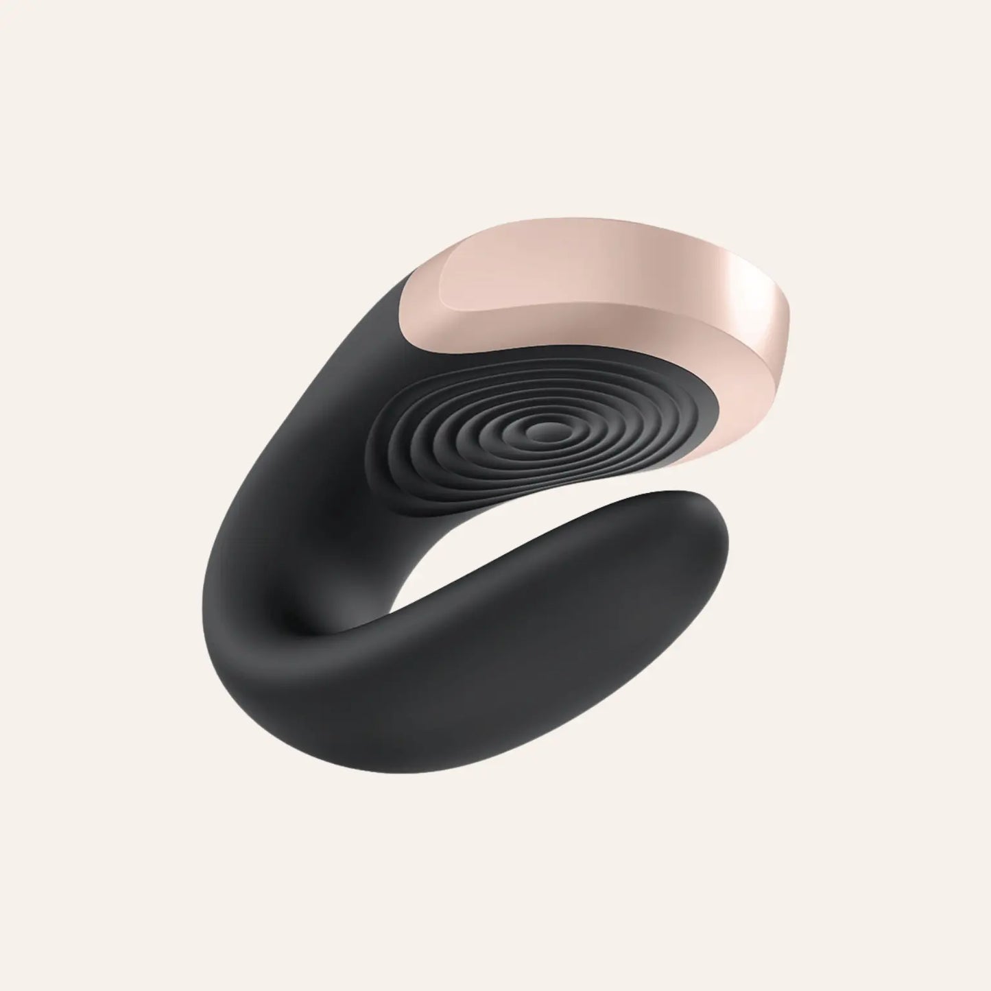 Vue de profil du stimulateur Double Love noir, doté de finitions rose gold et d’une surface ergonomique. À retrouver chez Oh My God'Z pour des sensations exceptionnelles.