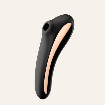 Vue de côté du stimulateur clitoridien Dual Kiss noir de Satisfyer, un sextoy haut de gamme en silicone lisse et élégant, disponible chez Oh My God'Z, conçu pour offrir une stimulation intense par ondes de pression et vibrations.