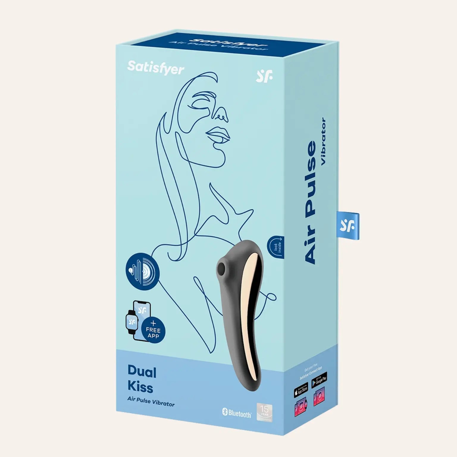 Packaging du stimulateur Dual Kiss de Satisfyer, un vibromasseur connecté par Bluetooth avec double stimulation air pulse et vibration, présenté dans une boîte bleue moderne – en vente sur la boutique haut de gamme Oh My God'Z.