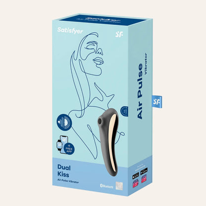 Packaging du stimulateur Dual Kiss de Satisfyer, un vibromasseur connecté par Bluetooth avec double stimulation air pulse et vibration, présenté dans une boîte bleue moderne – en vente sur la boutique haut de gamme Oh My God'Z.
