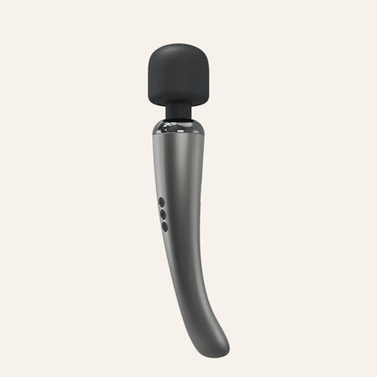 Vue latérale du Megawand Silver par Dorcel, sextoy haut de gamme avec tête flexible noire et manche argenté, disponible sur la boutique érotique Oh My God'Z.