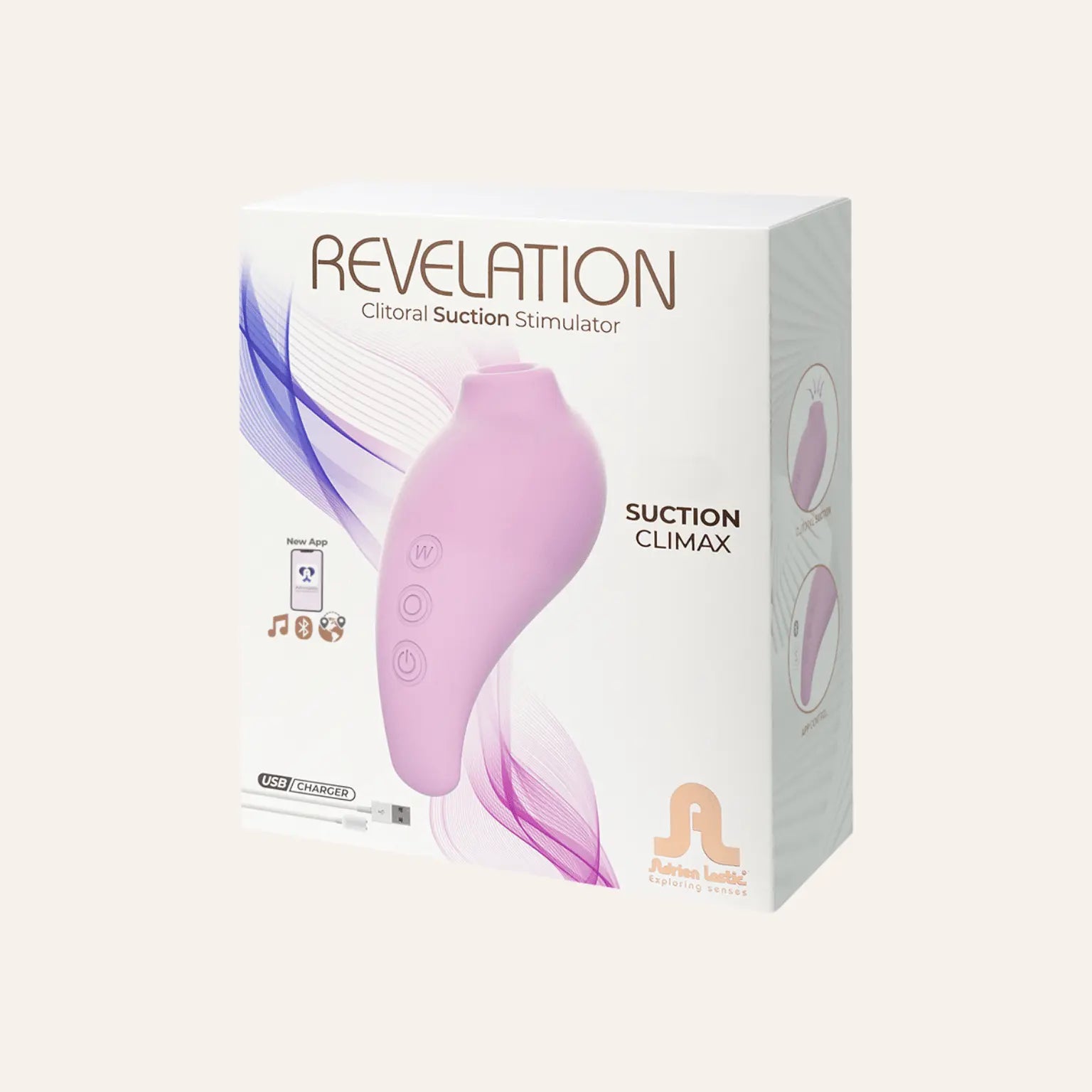 Boîte du stimulateur clitoridien Révelation de Adrien Lastic, un sextoy haut de gamme disponible sur Oh My God'Z, avec technologie de succion et contrôle via application, présenté dans un packaging blanc et violet élégant.