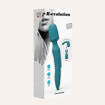 Emballage du stimulateur 3-en-1 Wand R-evolution de la marque Love to Love, avec une image de l'appareil et de ses deux têtes interchangeables.