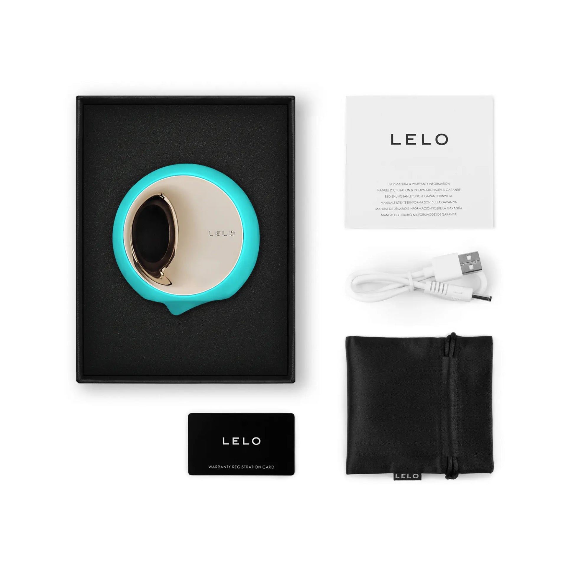 Ora 3 de Lelo en aqua, présenté dans un coffret élégant avec accessoires, disponible sur OhMyGodz.fr pour ceux qui cherchent un sextoy sophistiqué et efficace
