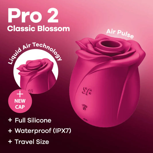 Présentation du packaging du Satisfyer Pro 2 Classic Blossom, sextoy en silicone waterproof avec technologie Liquid Air. Un choix de luxe chez Oh My God'Z pour explorer le plaisir féminin avec un design en forme de rose.