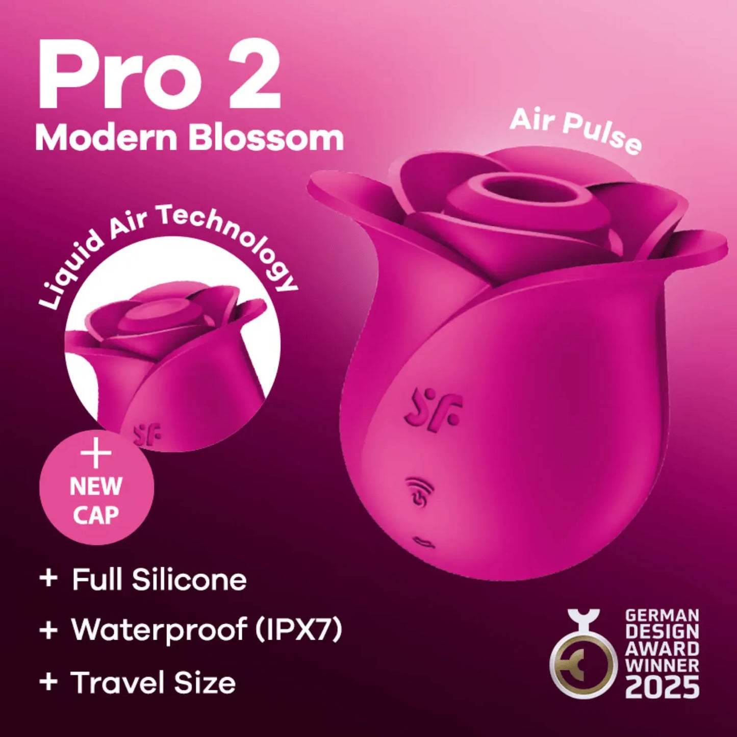 Vue du packaging du stimulateur clitoridien haut de gamme Satisfyer Pro 2 Modern Blossom, en forme de rose, avec technologie Liquid Air et fonction Air Pulse. Disponible chez Oh My God'Z, boutique experte en sextoys premium pour plaisir intense et raffiné.