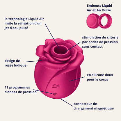 Gros plan annoté du sextoy haut de gamme Satisfyer Pro 2 Modern Blossom en forme de rose, montrant la technologie Liquid Air, le design ergonomique, les embouts interchangeables et le connecteur magnétique. Un bijou de plaisir distribué par Oh My God'Z.