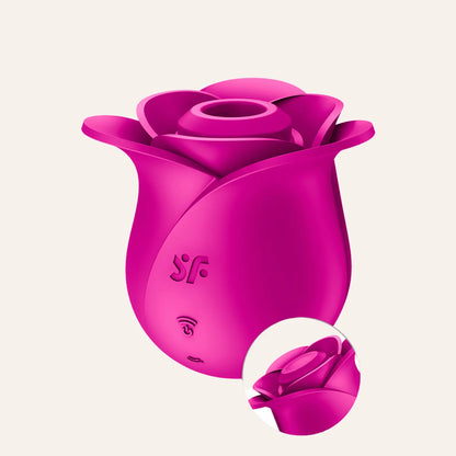 Gros plan du sextoy Satisfyer Pro 2 Blossom, commercialisé par Oh My God'Z, illustrant la précision de l'embout stimulateur et la finesse de fabrication d’un produit intime haut de gamme.