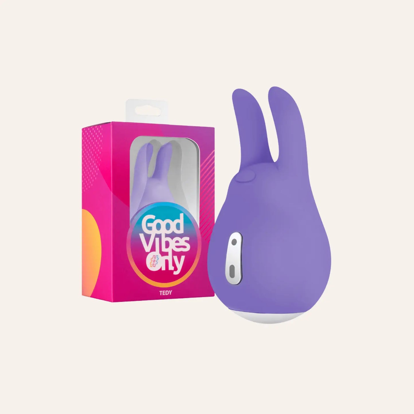 Stimulateur clitoridien Tedy avec emballage coloré 'Good Vibes Only'. Parfait pour des cadeaux ou pour se faire plaisir, disponible sur Oh My God'Z, votre boutique dédiée aux sextoys premium.