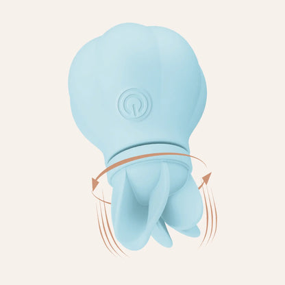 Stimulateur de clitoris bleu de la marque Adrien Lastic avec une tête rotative montrant un mouvement de rotation des pétales.