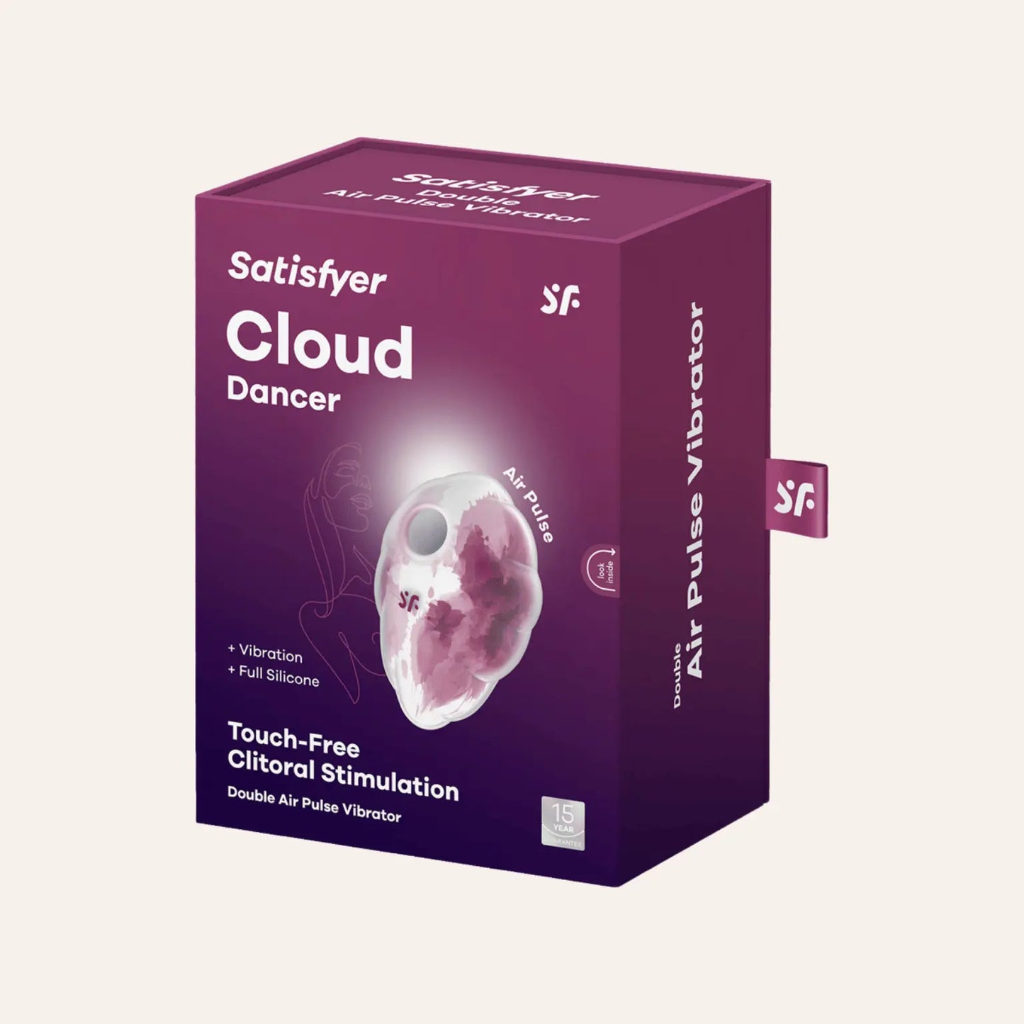 Packaging du stimulateur Cloud Dancer - Satisfyer, illustrant ses fonctionnalités premium : vibrations, ondes de pression et waterproof. Boutique spécialisée : Oh My God'Z.