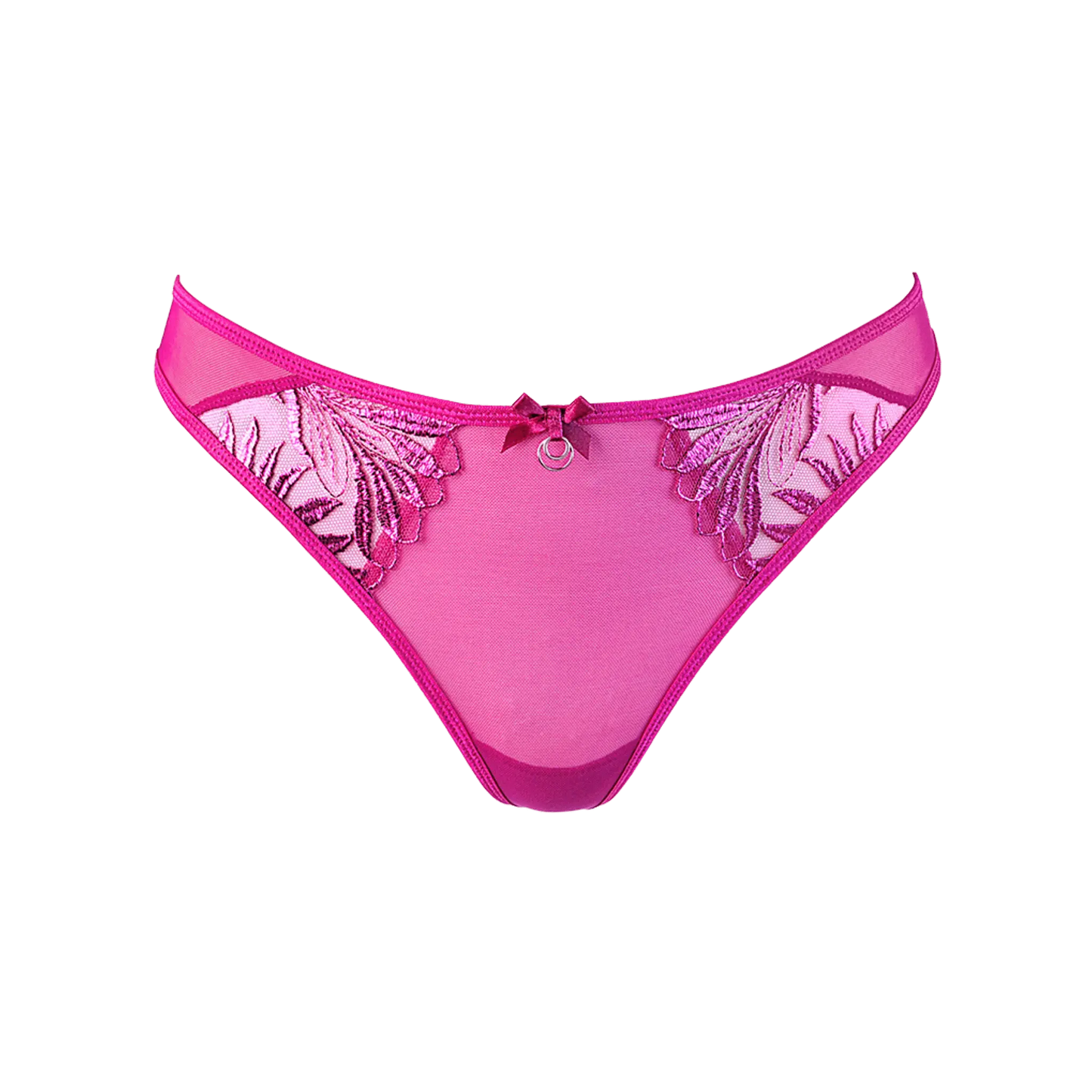 Lingerie de luxe Oh My God'Z, string rose en tulle transparent avec broderies d'Axami, parfait pour accompagner des sextoys haut de gamme.