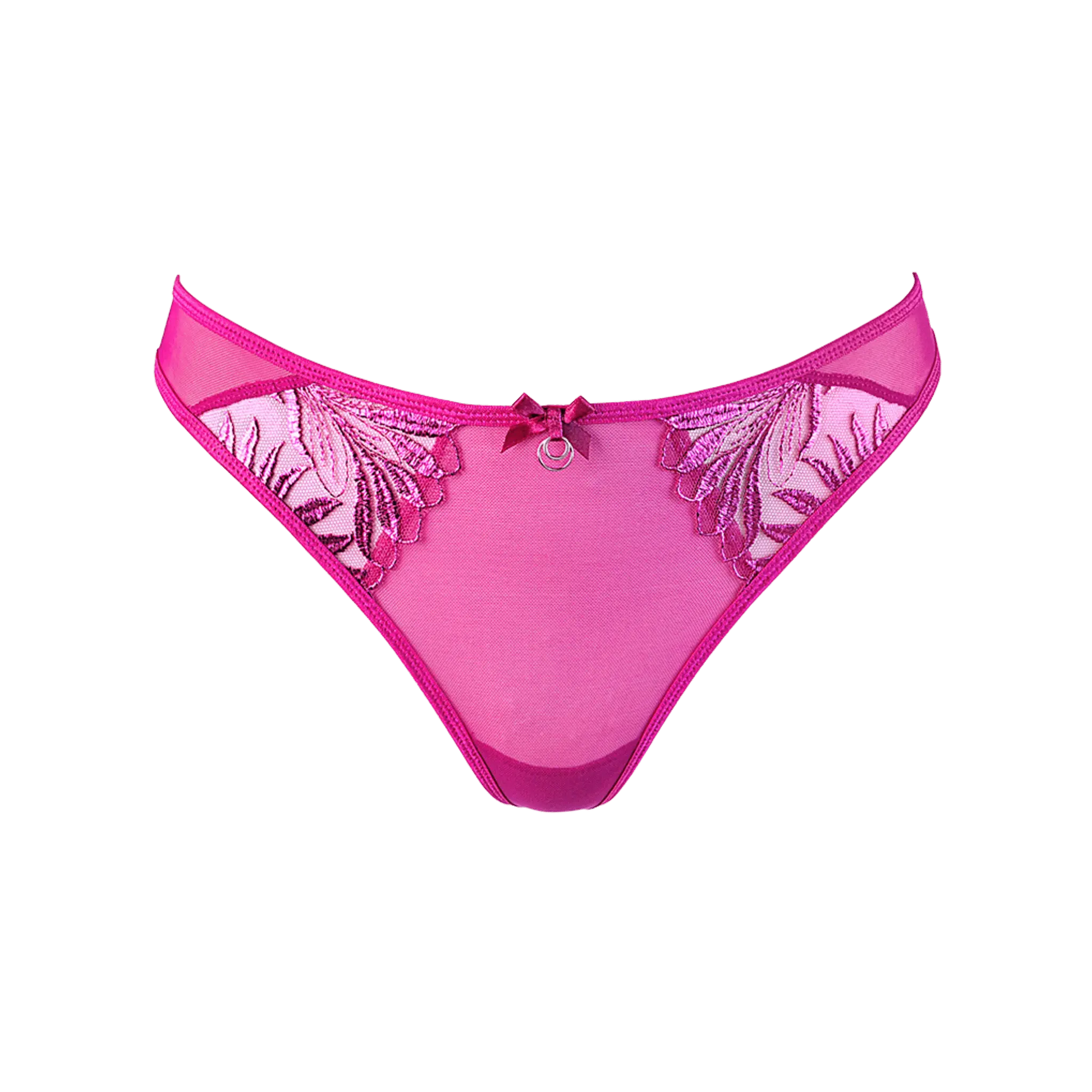Lingerie de luxe Oh My God'Z, string rose en tulle transparent avec broderies d'Axami, parfait pour accompagner des sextoys haut de gamme.