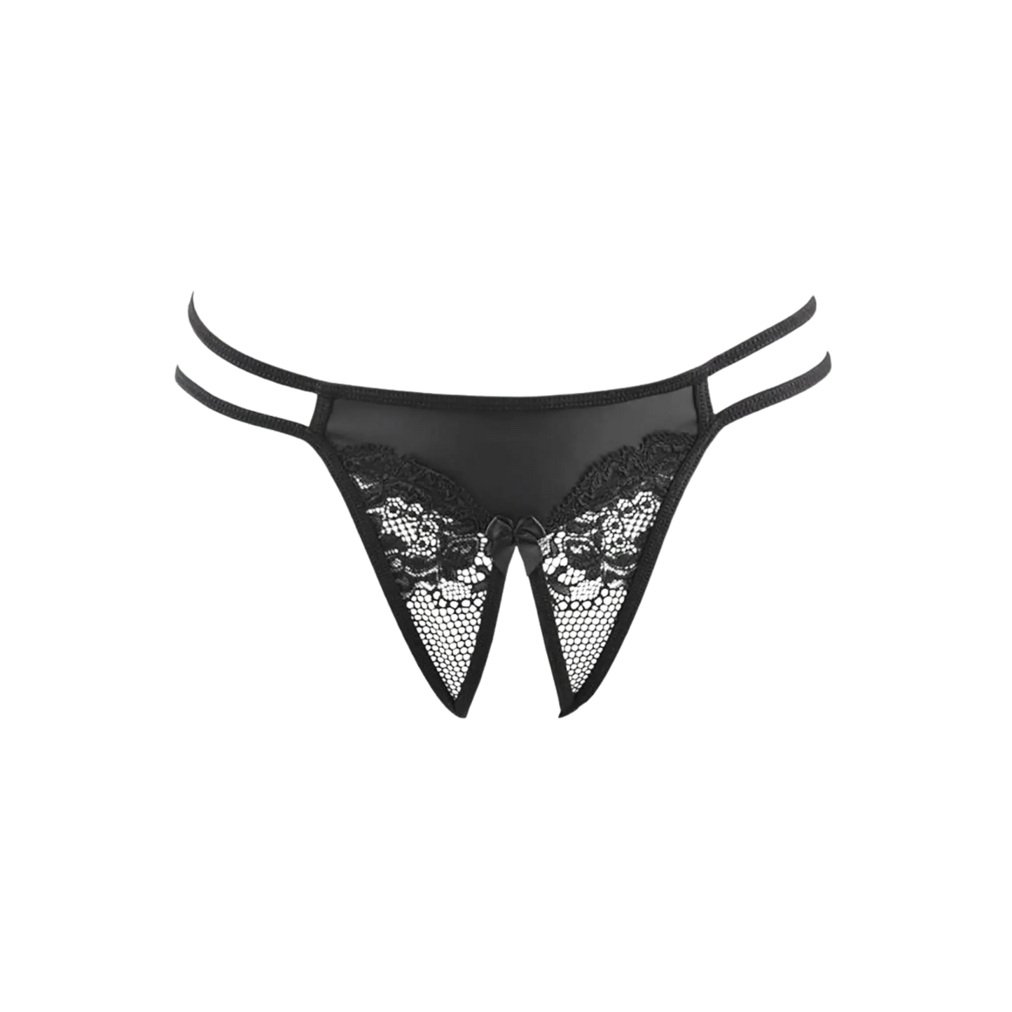 String ouvert V-10698 par Axami, présenté en vue avant. Ce string noir en dentelle avec lanières est disponible chez Oh My God'Z, parfait pour un look séduisant et raffiné.