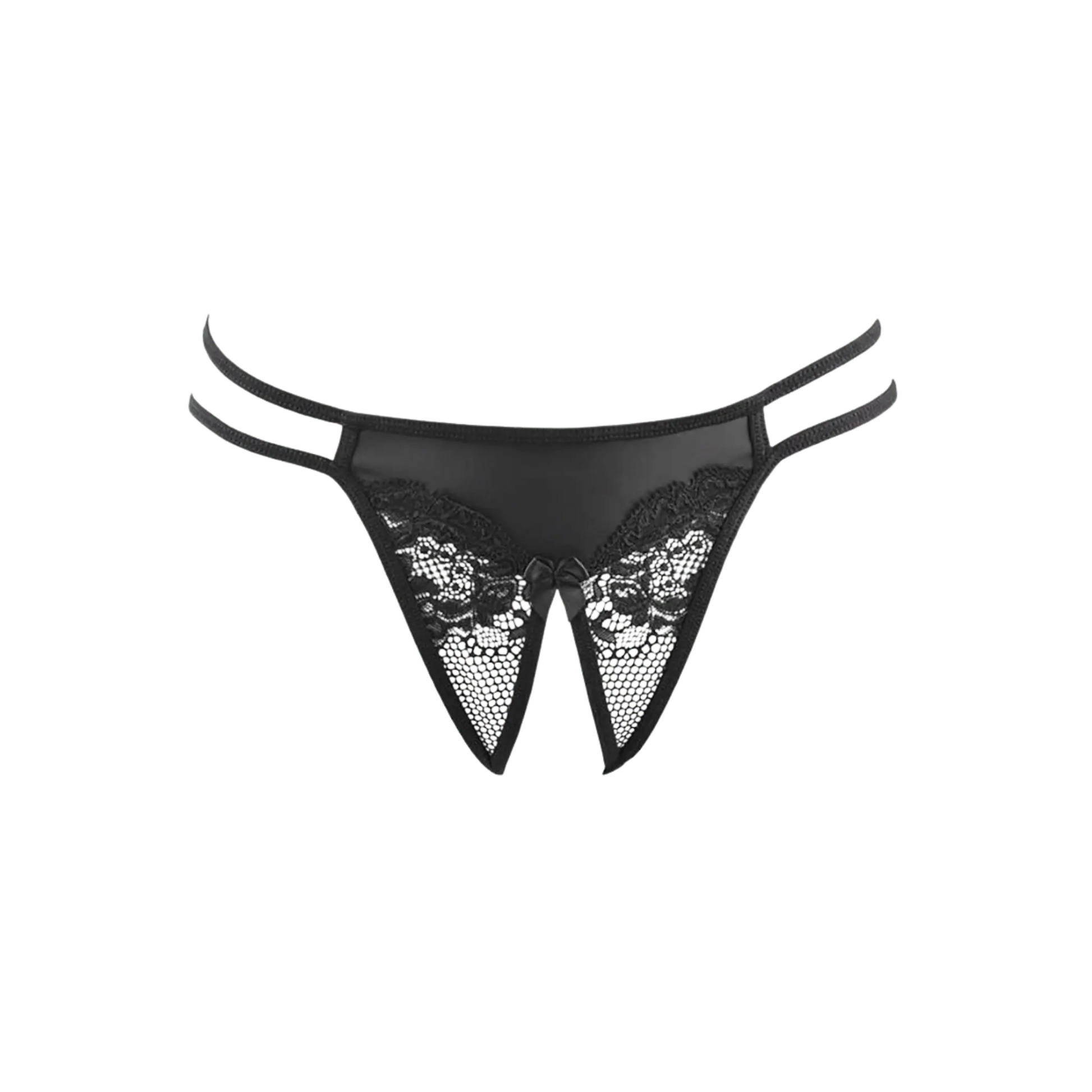 String ouvert V-10698 par Axami, présenté en vue avant. Ce string noir en dentelle avec lanières est disponible chez Oh My God'Z, parfait pour un look séduisant et raffiné.
