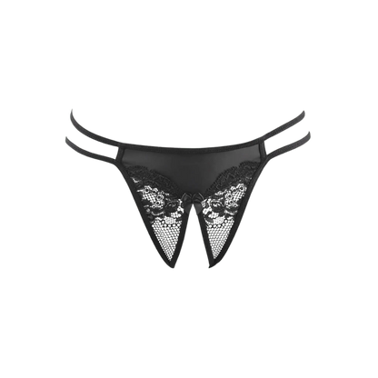 String ouvert V-10698 par Axami, présenté en vue avant. Ce string noir en dentelle avec lanières est disponible chez Oh My God'Z, parfait pour un look séduisant et raffiné.