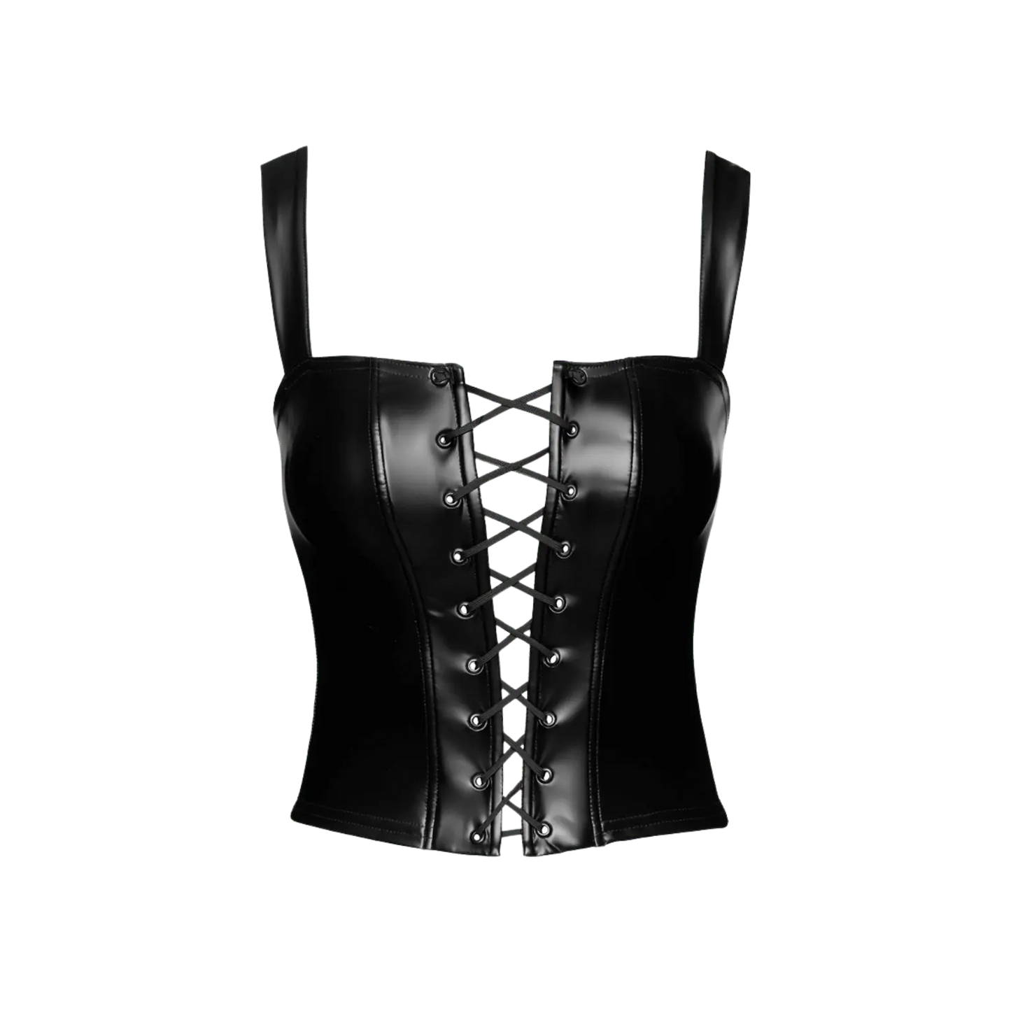 Top corset Vixen F365 en vinyle noir brillant avec laçage avant – Noir Handmade