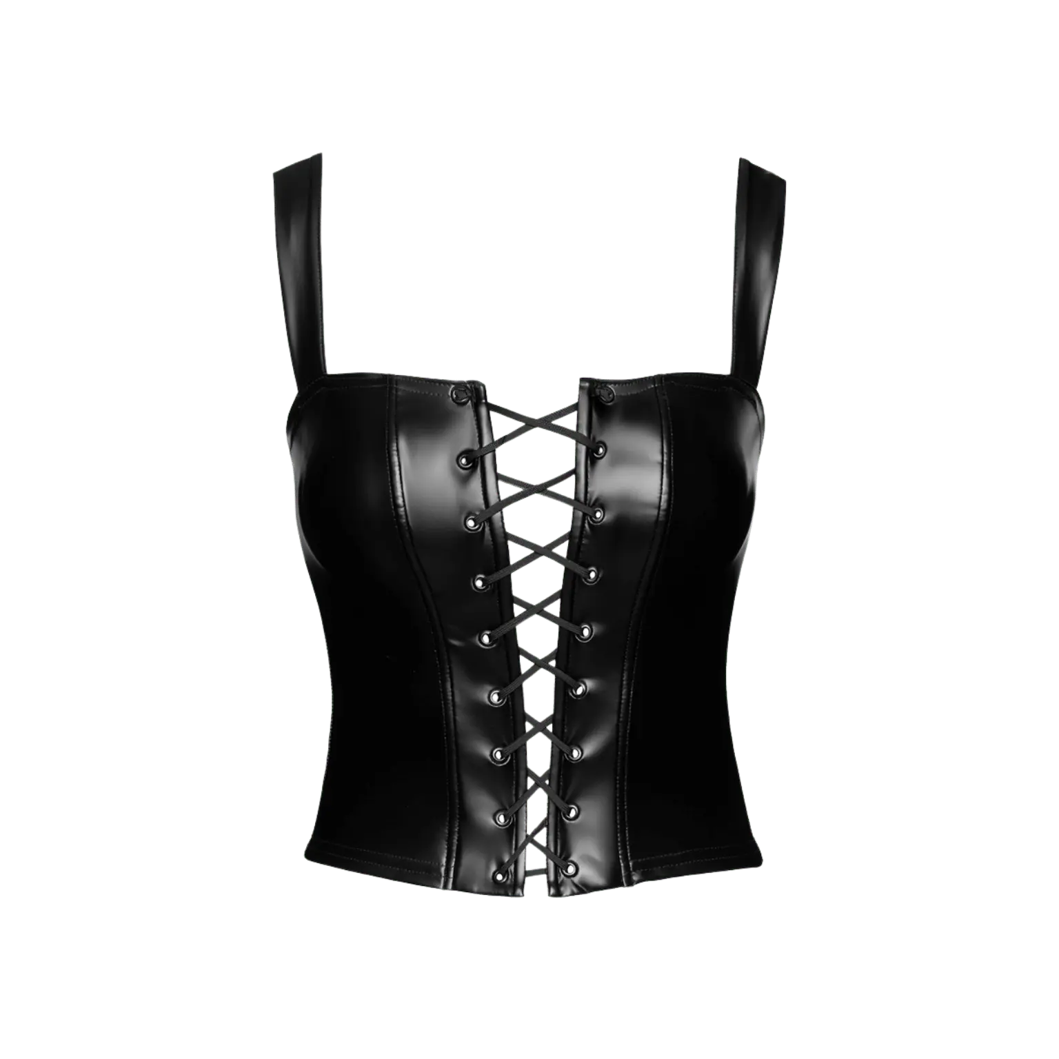 Top corset Vixen F365 en vinyle noir brillant avec laçage avant – Noir Handmade